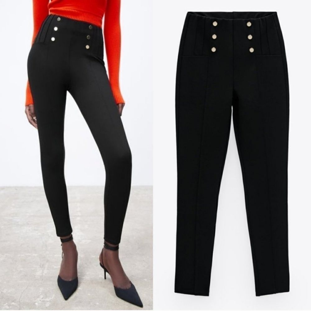 ZARA High Waisted Flat Front Pants w/ Gold Button Detail Size XL